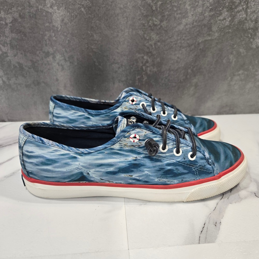 Sperry Jaws CVO Sneakers Womens 8.5 Blue Water Graphic Canvas Boat Shoes Novelty